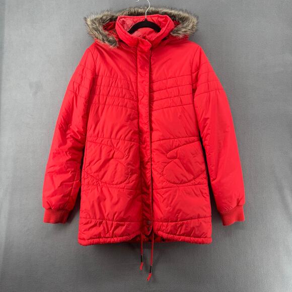 Volcom Hot Mittes Long Puffer Jacket 3/4 Length Large 14 Faux Fur Hood Red - Picture 1 of 14